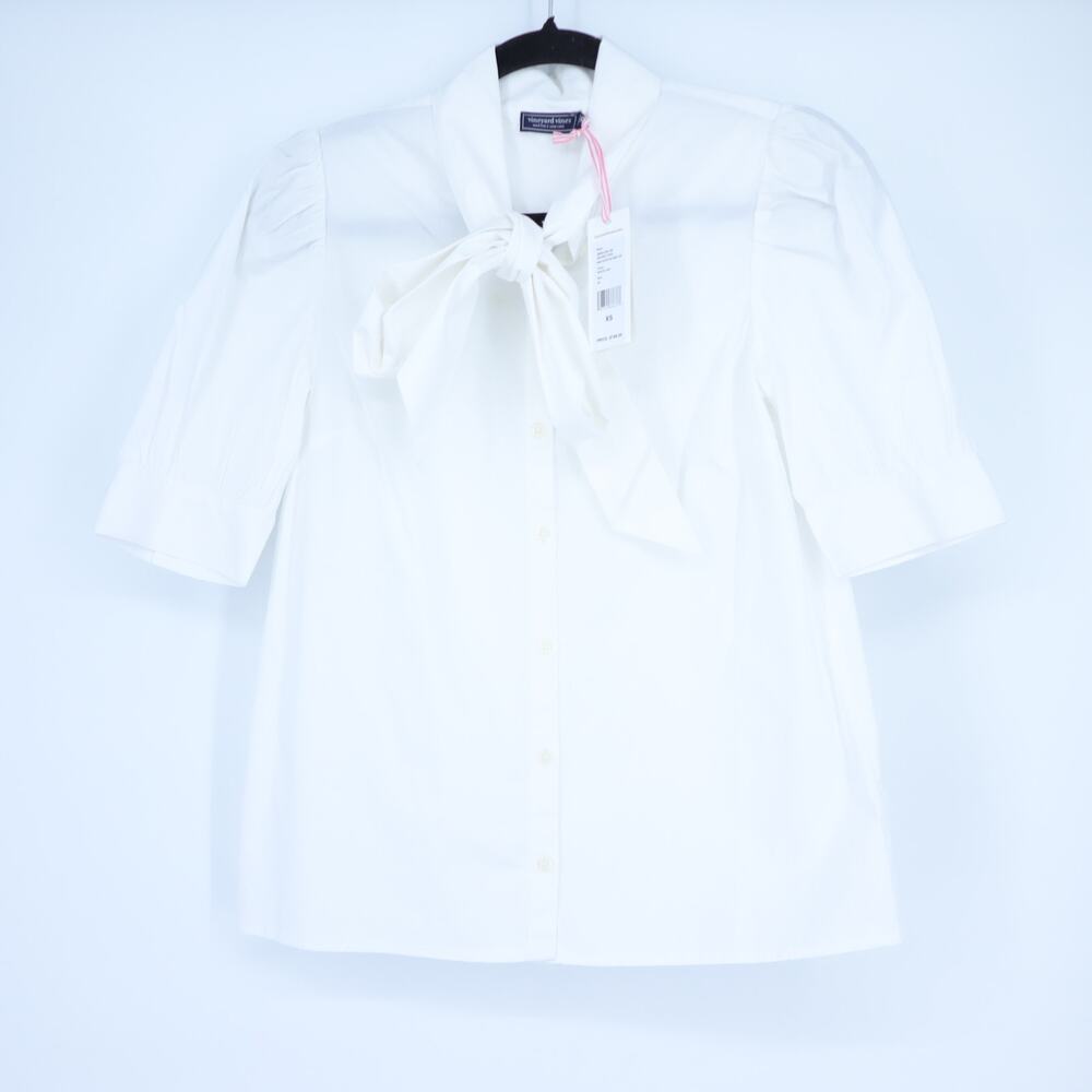 VINEYARD VINES Bow Tie Blouse White Button Front Short Sleeves Women's XS